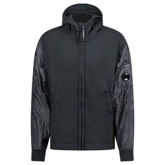 CP COMPANY DIAGONAL RAISED MIXED QUILTED LENSE HOODIE BLACK