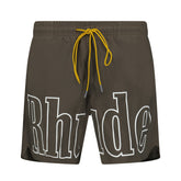 RHUDE WRITING LOGO PRINT SWIM SHORTS KHAKI