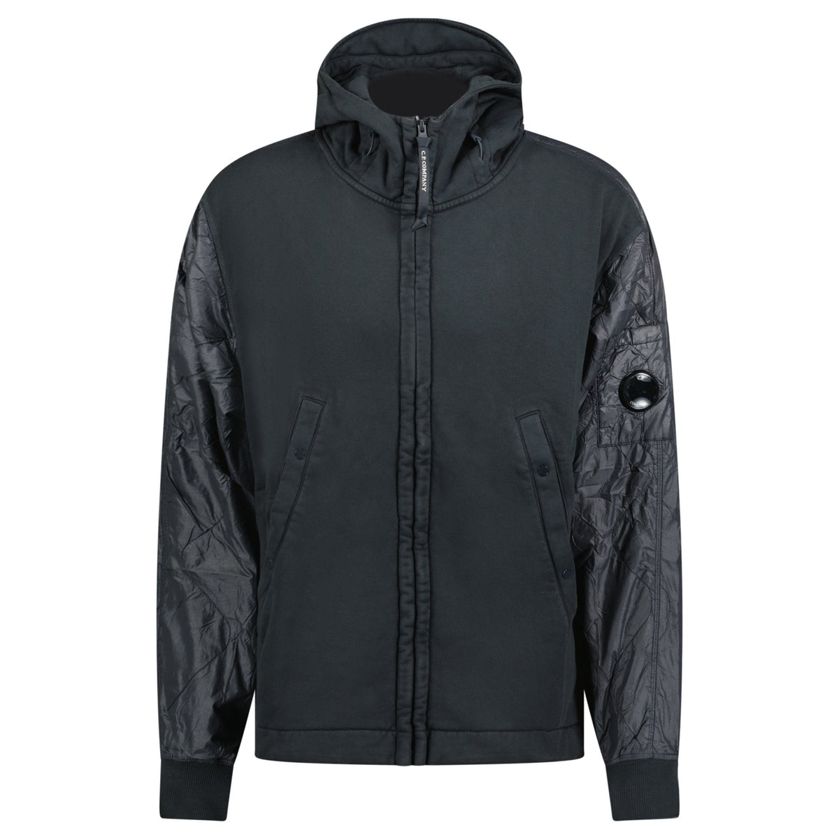 CP COMPANY DIAGONAL RAISED MIXED QUILTED LENSE HOODIE BLACK