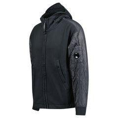 CP COMPANY DIAGONAL RAISED MIXED QUILTED LENSE HOODIE BLACK