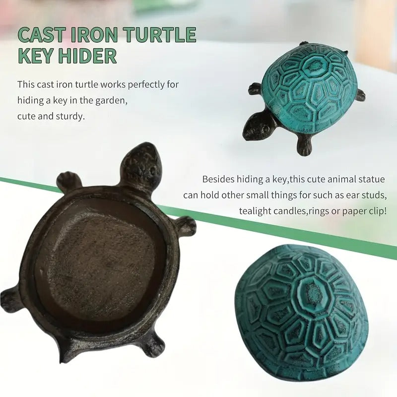 Heavy-Duty Cast Iron Turtle Key Box with Flip-Top Lid - Hidden Key Hider for Door, Garden, Patio - Decorative Spare Key Storage - Indoor/Outdoor Decoration in Teal Blue