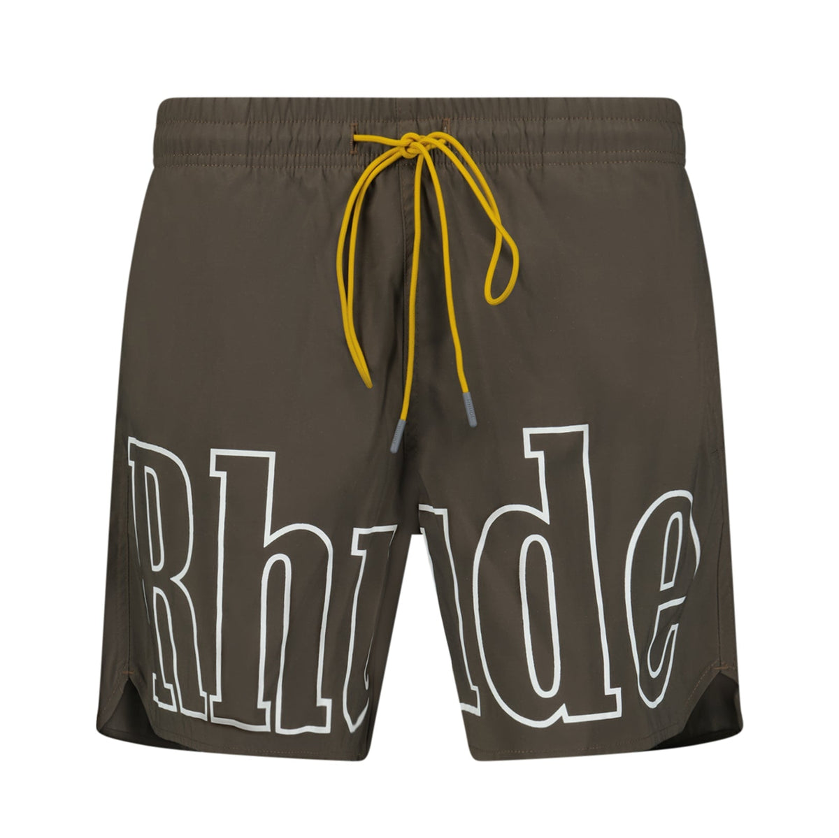 RHUDE WRITING LOGO PRINT SWIM SHORTS KHAKI