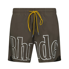 RHUDE WRITING LOGO PRINT SWIM SHORTS KHAKI